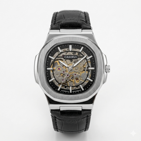 Casirui skeleton automatic watch with leather strap