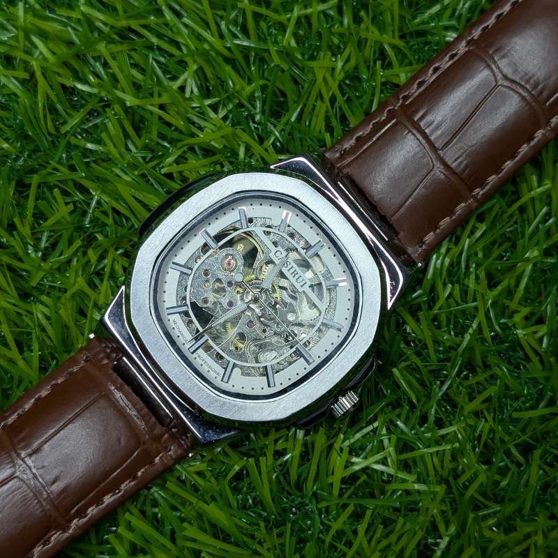 Skeleton Watch CASIRUI Automatic Dial Brown Leather