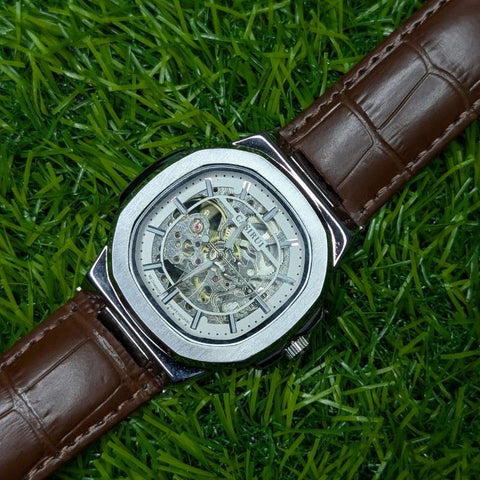 Skeleton Watch CASIRUI Automatic Dial Brown Leather