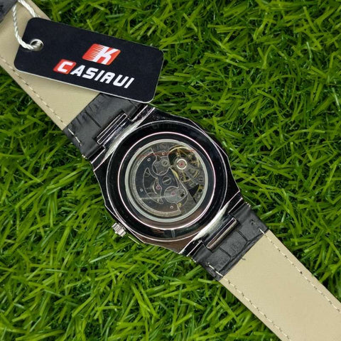 Skeleton Watch CASIRUI Automatic Dial Black Leather