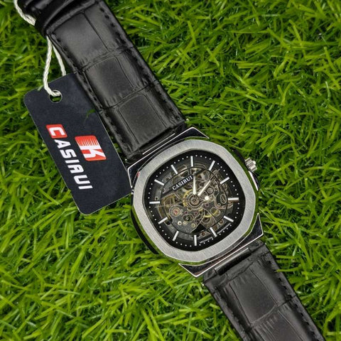 Skeleton Watch CASIRUI Automatic Dial Black Leather