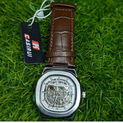 Skeleton Watch CASIRUI Automatic Dial Brown Leather