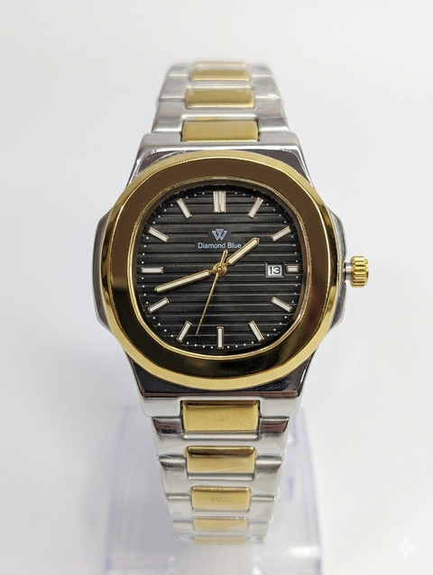 Diamond Blue Watch Black Dial Two Tone Silver Gold Chain