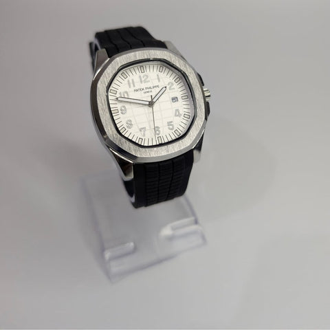 Patek Philippe Black Silicon Strap Watch with White Quartz Dial