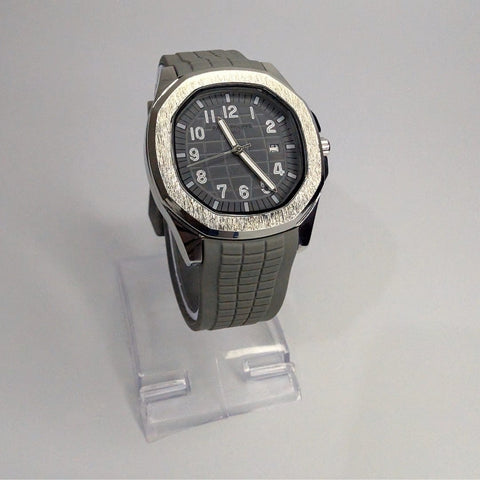Patek Philippe Grey Silicon Strap Watch with White Quartz Dial