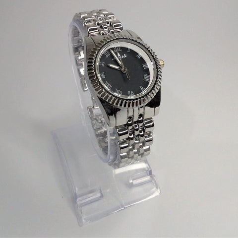 Silver Chain Aogili Watch with Black Round Dial