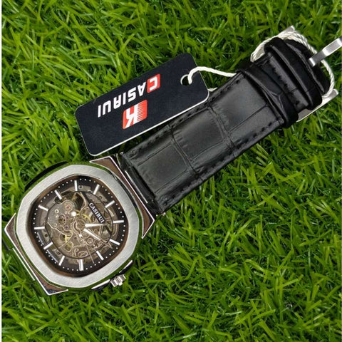 Skeleton Watch CASIRUI Automatic Dial Black Leather