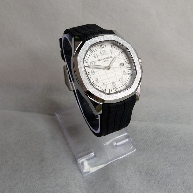 Patek Philippe Black Silicon Strap Watch with White Quartz Dial
