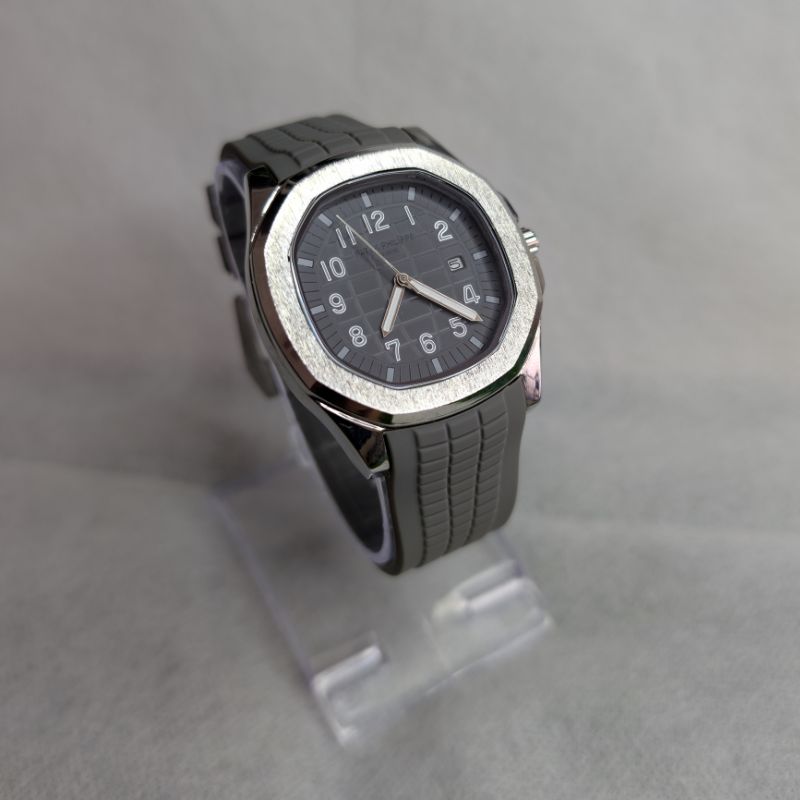 Patek Philippe Grey Silicon Strap Watch with White Quartz Dial