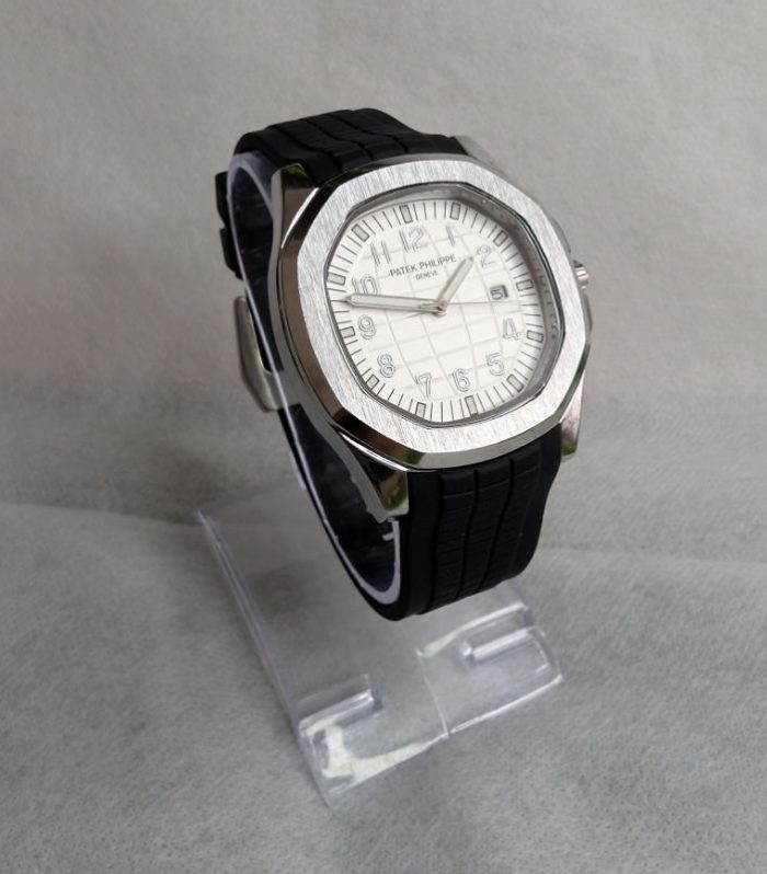 Patek Philippe Black Silicon Strap Watch with White Quartz Dial