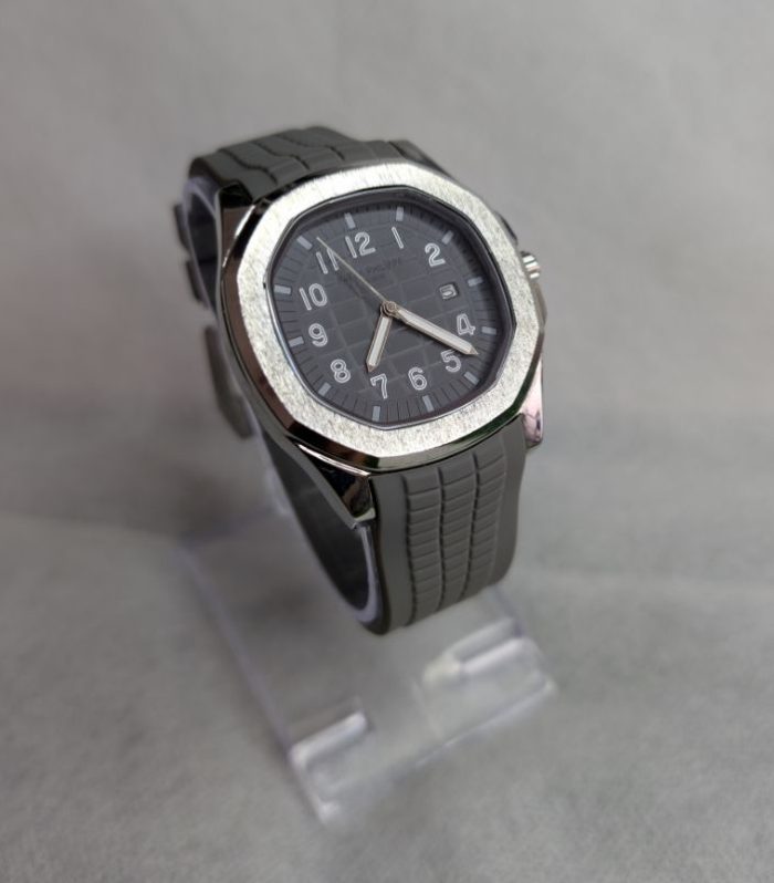 Patek Philippe Grey Silicon Strap Watch with White Quartz Dial