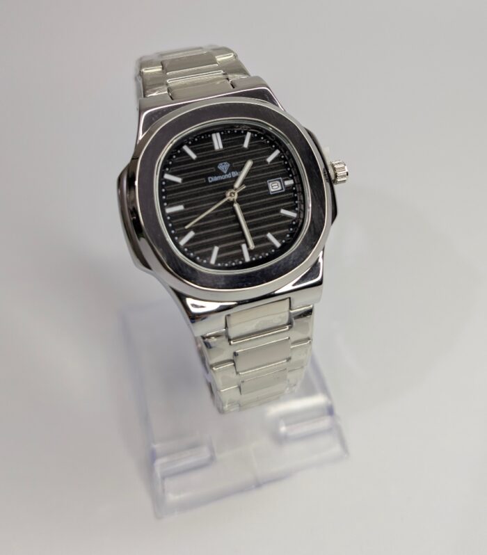 Diamond Blue Watch Black Dial Silver Chain