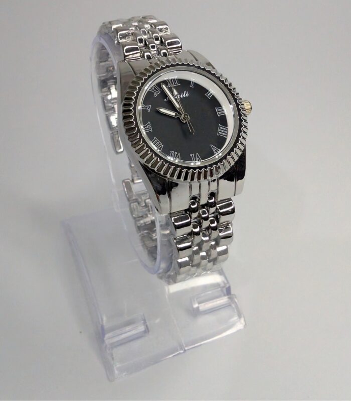 Silver Chain Aogili Watch with Black Round Dial